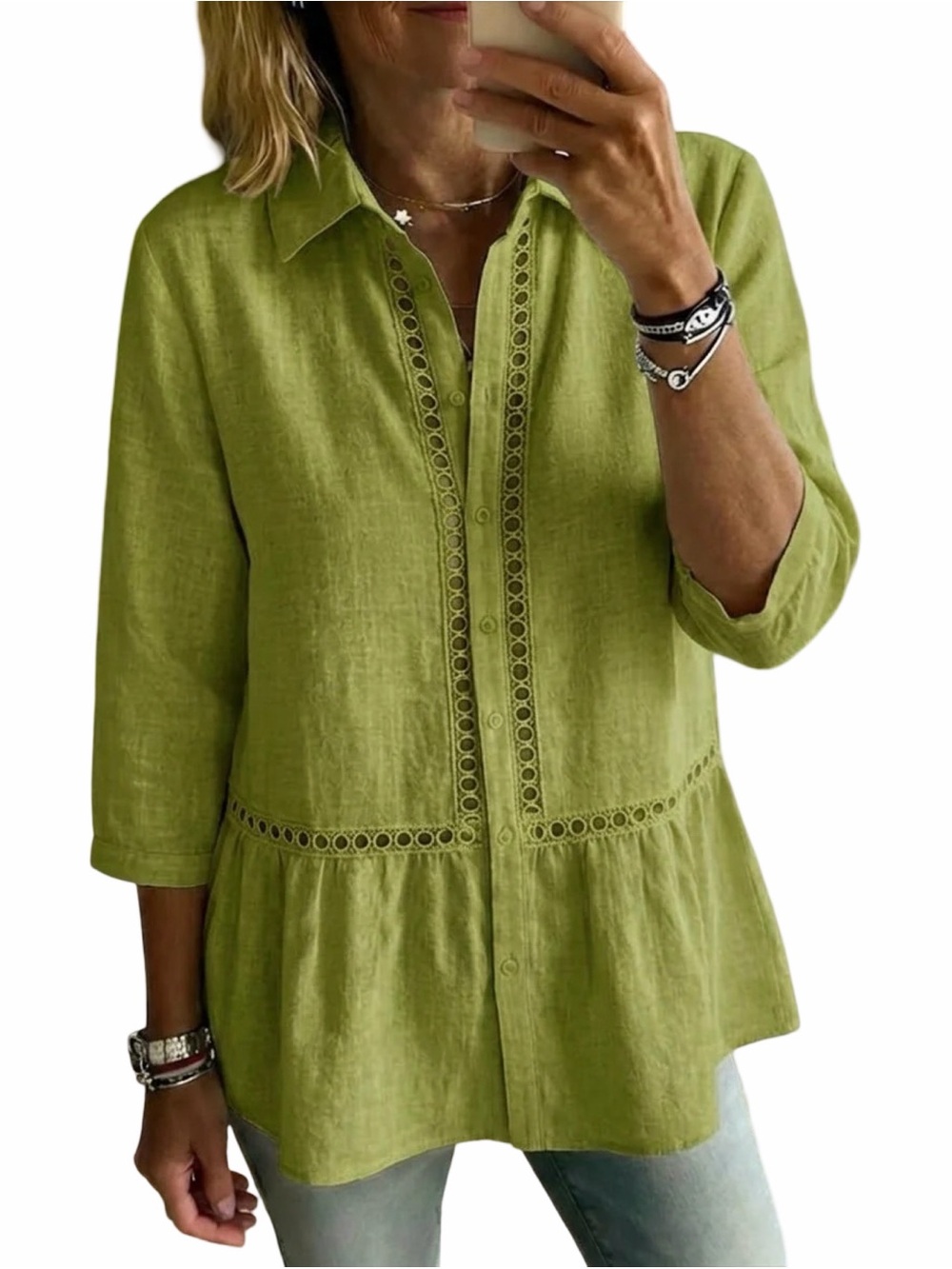 Women’s Olive Green Button-Front Peplum Top